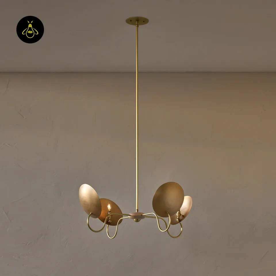 Wood and Brass Chandelier – Arlo 4-Light Bronze Reflectors 2 Wood and brass chandelier showing curved brass arms and bronze reflector discs