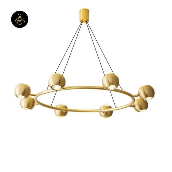 Brass-finish LED chandelier mounted on the ceiling