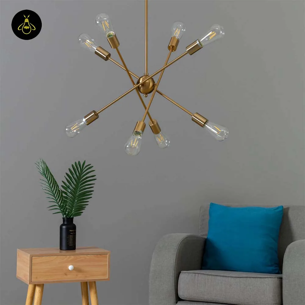 Linear brass chandelier with 8 clear glass shades, 60 cm