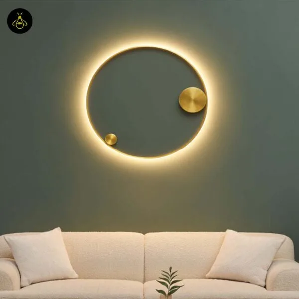 Brass-finish LED ring in a residential interior