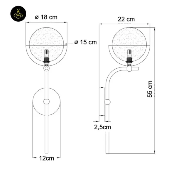Opal white light dimension drawing: 55 cm tall, 22 cm projection, 18 cm cup, 15 cm globe, 12 cm backplate, 2.5 cm deep
