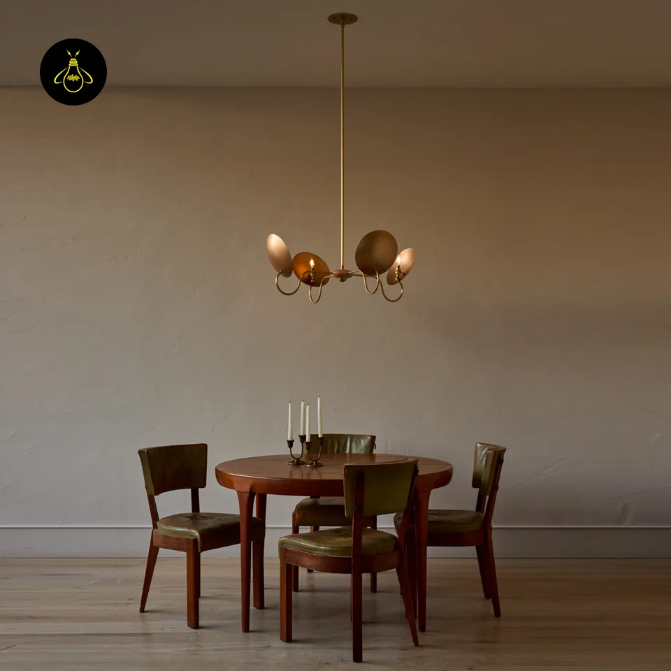Wood and Brass Chandelier – Arlo 4-Light Bronze Reflectors 3 Wood and brass chandelier hanging above a dining table in a warm interior