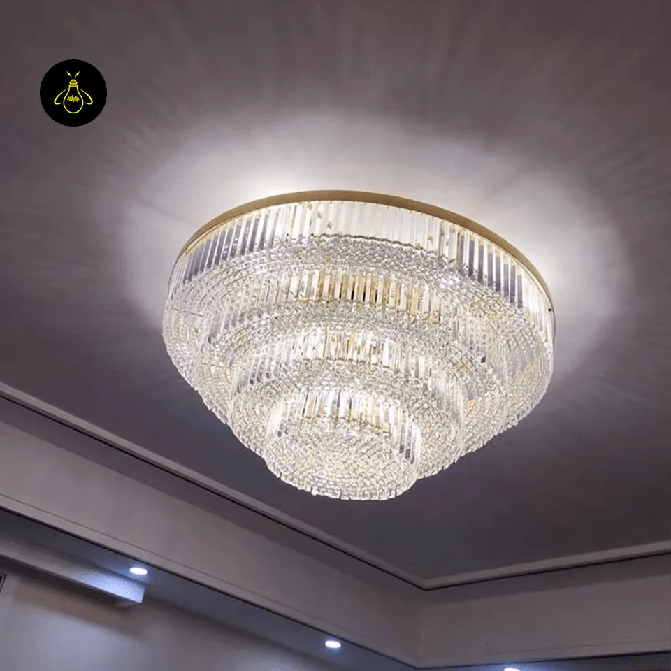 Crystal Ceiling Chandelier – Round Flush-Mount K9, 6 Sizes 4 Contemporary crystal ceiling chandelier with tiered crystal rings in a gold finish