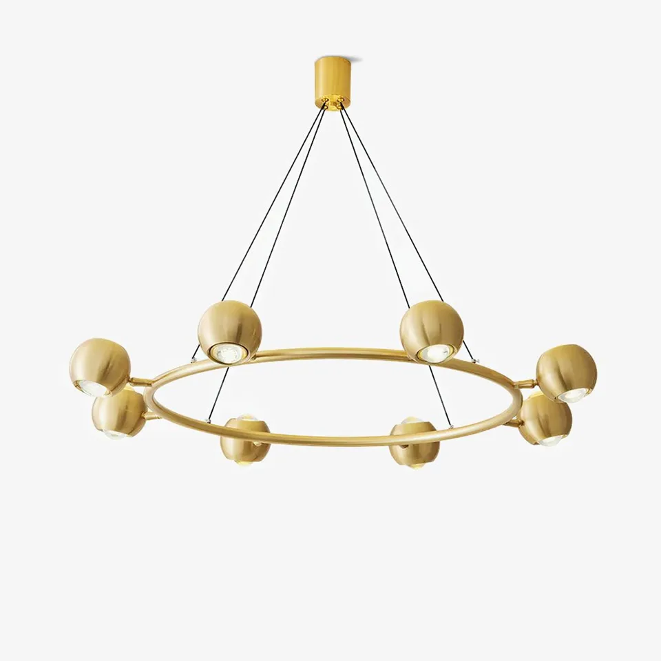 Callisto modern circular brass LED chandelier in a living room