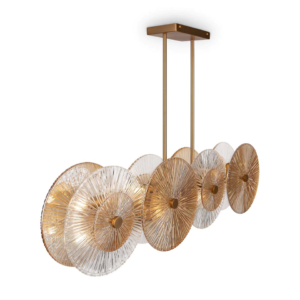 Ceiling-mounted gold fluted glass disc chandelier for indoor dining spaces