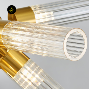 Gold fluted glass chandelier ceiling-mounted with warm LED glass tubes for living rooms