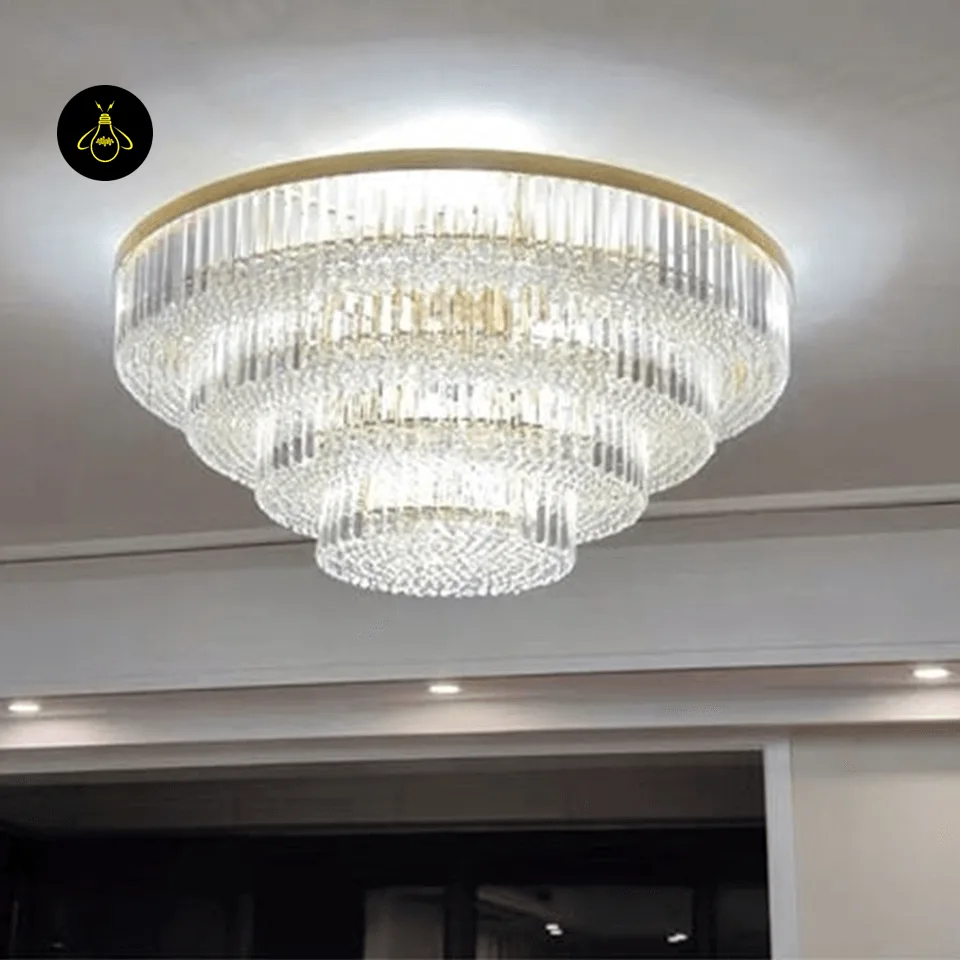 Crystal Ceiling Chandelier – Round Flush-Mount K9, 6 Sizes 5 Gold crystal ceiling chandelier, triple-tier flush mount on a living room ceiling