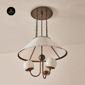 Milk glass chandelier hanging over a dining room table