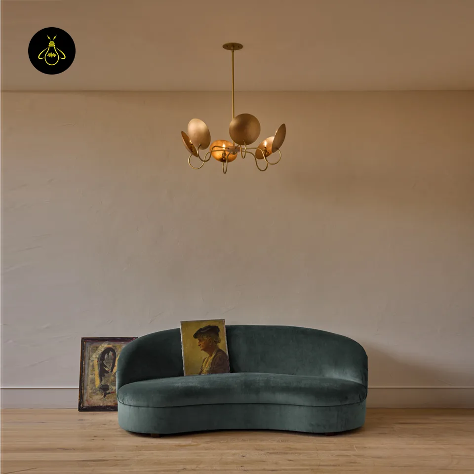 Wood and Brass Chandelier – Arlo 4-Light Bronze Reflectors 5 Handcrafted bronze reflector detail on the Arlo wood and brass chandelier