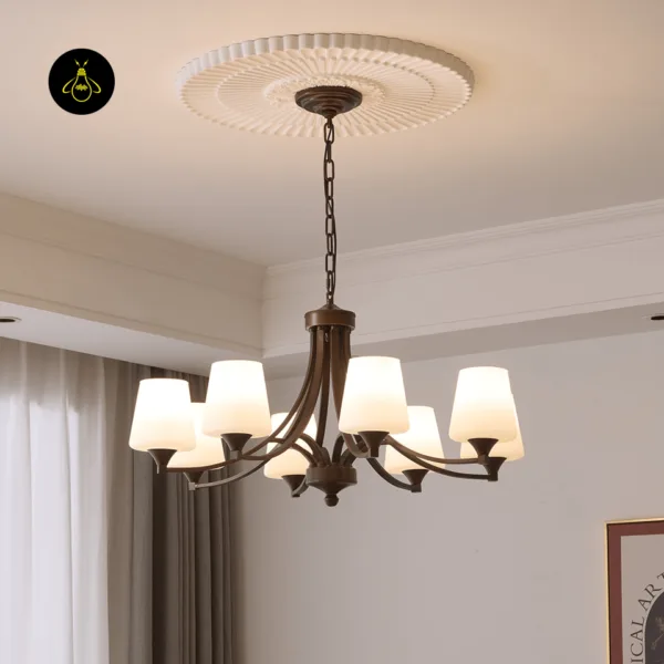 Bronze chandelier with opal borosilicate glass shades, detail view