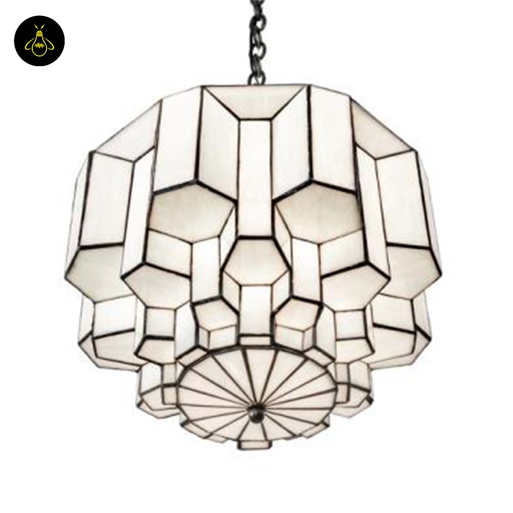 Stained Glass Chandelier – Tiered White Opal & Antique Iron, 91 cm | Jagmag Lights 2 Tiered white opal glass shade of a stained glass chandelier