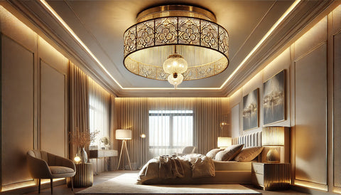 Bedroom chandelier with warm ambient lighting in a calm bedroom interior