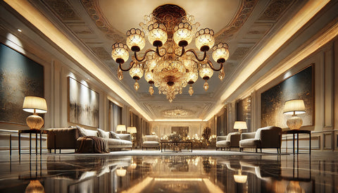 Warm chandelier glow in a living room showing color and finish impact