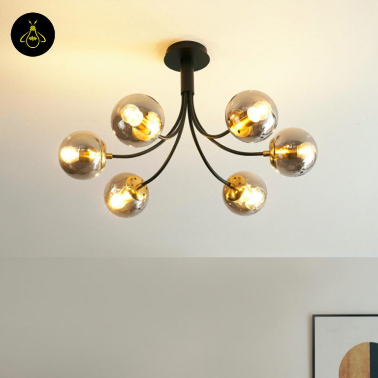 Black glass chandelier with smoke globes as a chic interior ceiling centrepiece