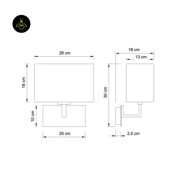 Wall lamp with shade dimension drawing: shade 28 x 18 x 13 cm, backplate 20 x 10 cm, height 30 cm, projection 18 cm