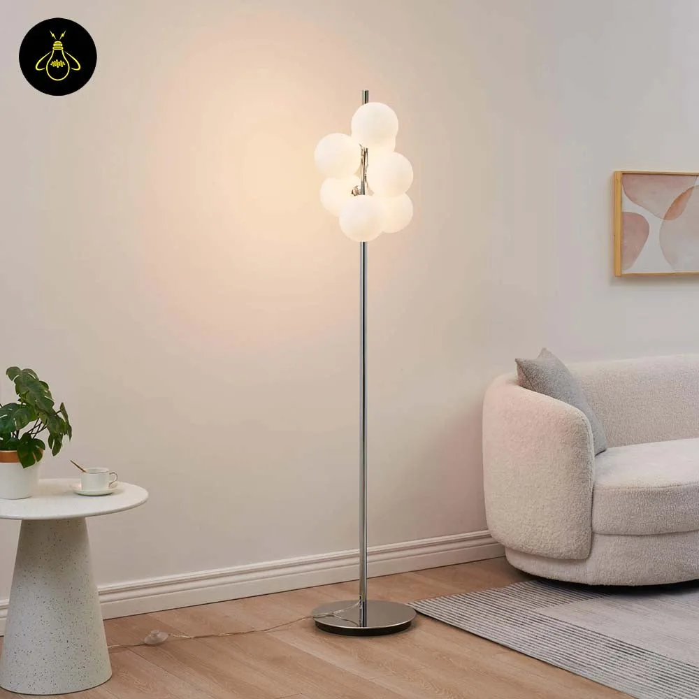 Chrome Floor Lamp with 7 White Glass Spheres – 161 cm 2 Architectural chrome floor lamp with clustered white glass spheres