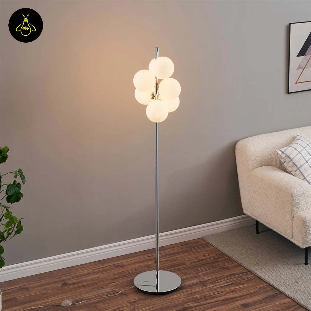 Chrome Floor Lamp with 7 White Glass Spheres – 161 cm 4 Chrome floor lamp white glass globes close-up detail