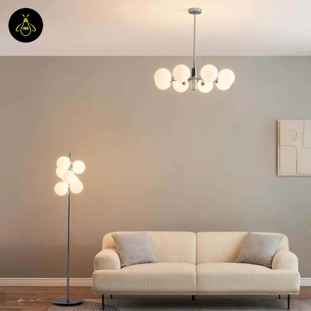 Chrome Floor Lamp with 7 White Glass Spheres – 161 cm 6 Chrome floor lamp with white glass spheres in a living room