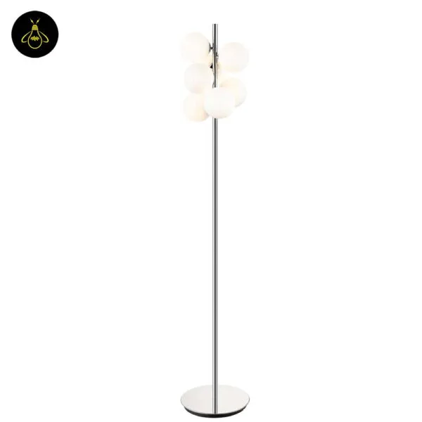 Polished chrome stem of the opal borosilicate glass-sphere floor lamp