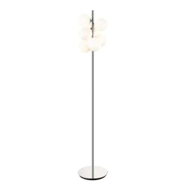 Chrome floor lamp with seven opal borosilicate glass globes on a white background