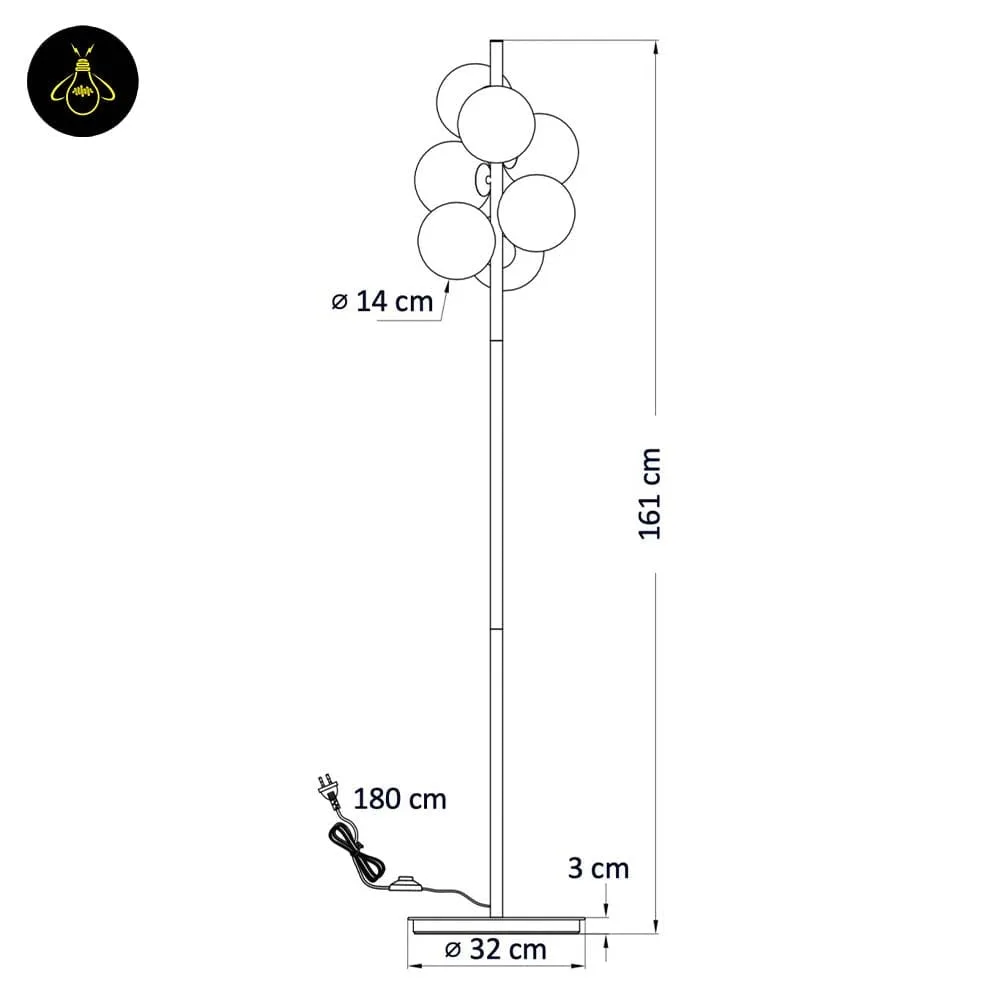 Chrome Floor Lamp with 7 White Glass Spheres – 161 cm 9 Chrome Floor Lamp with 7 White Glass Spheres – 161 cm dimension diagram