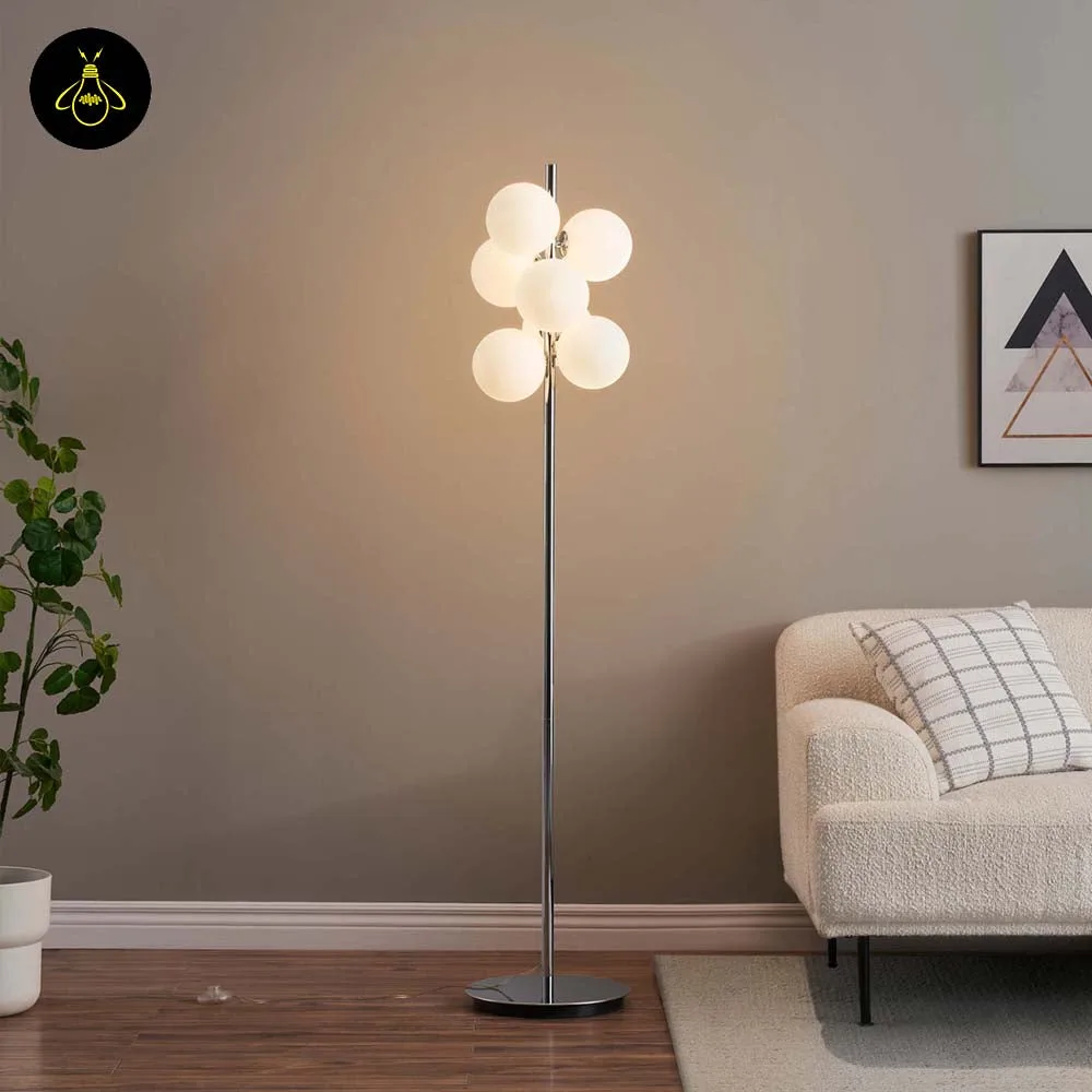 Chrome floor lamp with seven white glass spheres by Jagmag Lights