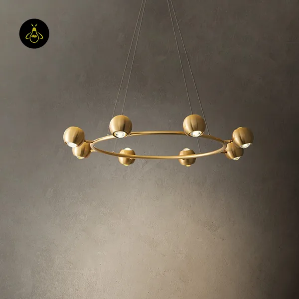 Circular LED chandelier design with eight frosted-lens heads
