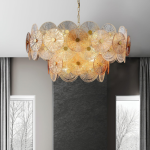 Round gold fluted glass disc chandelier in a modern living room