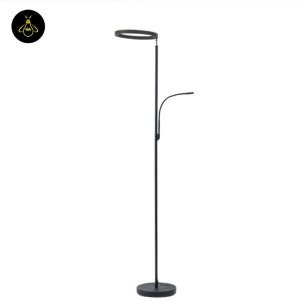 Black LED floor lamp with reading light in a modern commercial lounge