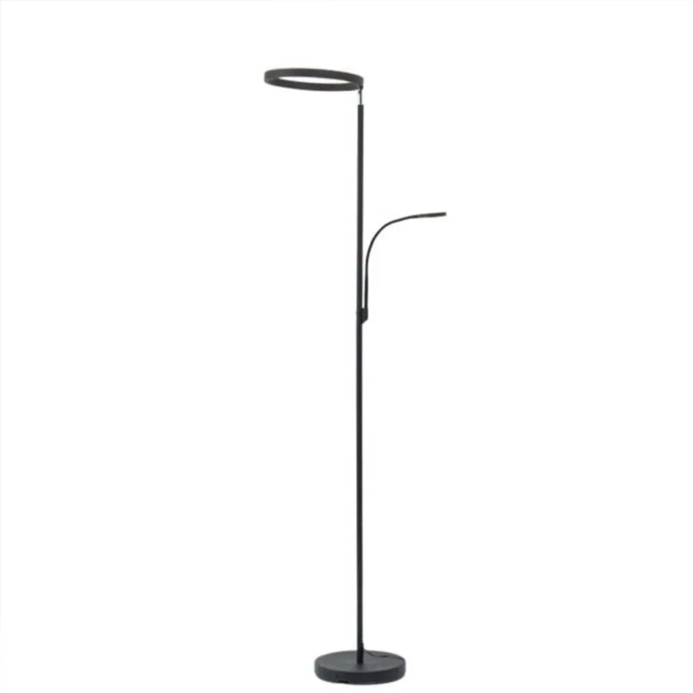 Black LED Floor Lamp with Reading Light – 2-in-1 Ring Uplight 8 Black LED floor lamp with reading light in a modern commercial lounge