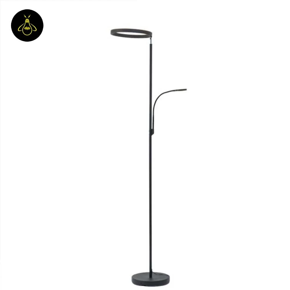 Black LED Floor Lamp with Reading Light – 2-in-1 Ring Uplight 8 Black LED floor lamp with reading light in a modern commercial lounge