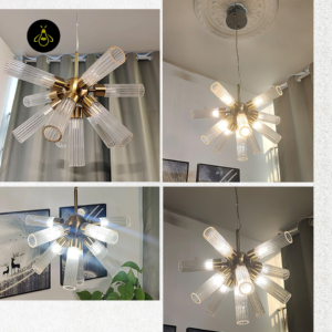 Contemporary LED fluted glass chandelier glowing warm white in a living room