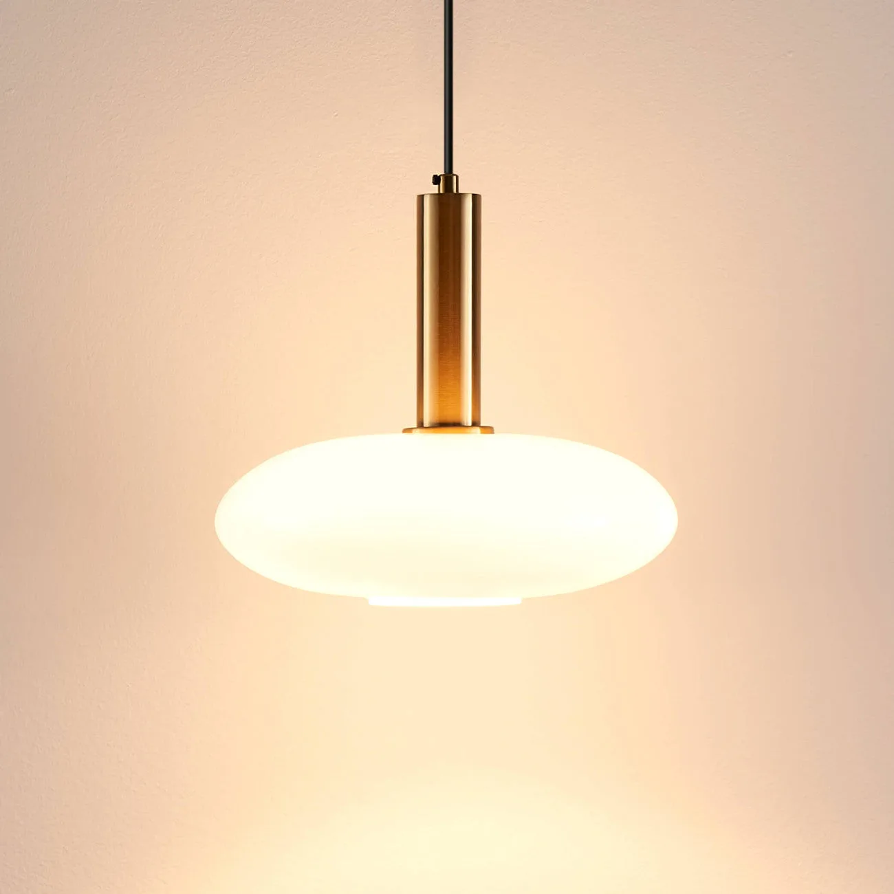 Opaline Glass Pendant Light – Round Brass-Finish Design 6 Contemporary opaline glass pendant light fixture with brass-finished frame