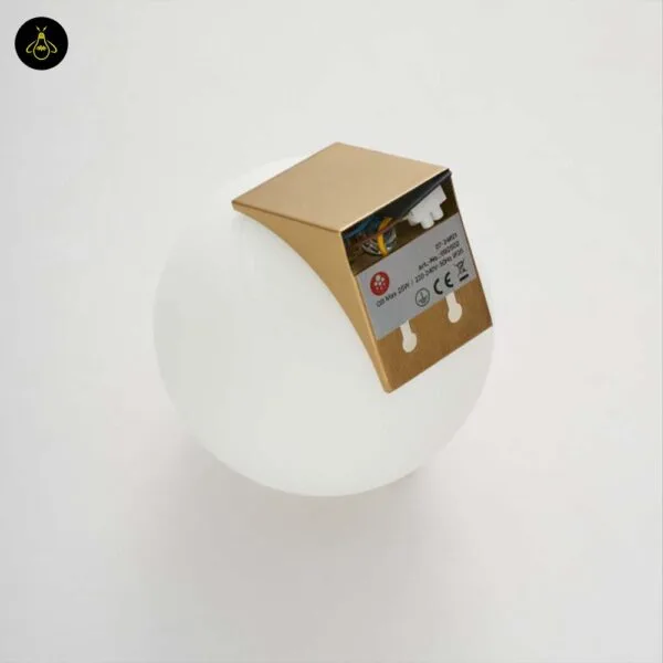 Back of the globe wall light showing the G9 holder, wiring, rating label and keyhole mounting slots