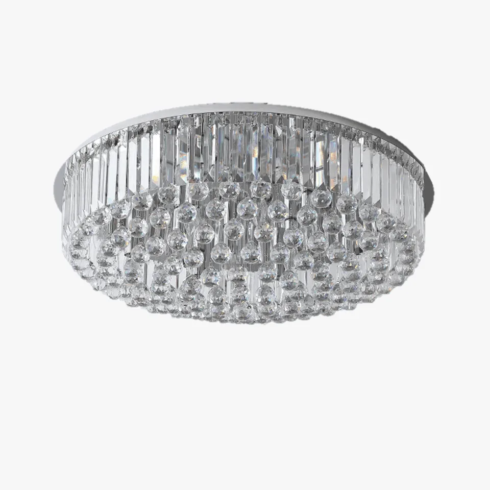 Round crystal chandelier in chrome, seen from the front, with K9 prism batons and hanging crystal balls