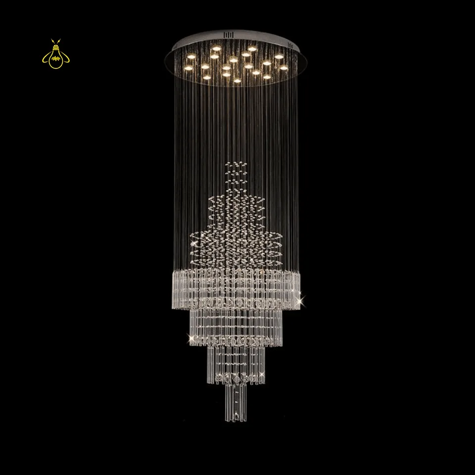 Round crystal chandelier for staircase, K9 crystal tiers hanging from a lit stainless steel plate on black