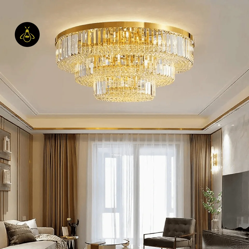 Crystal Ceiling Chandelier – Round Flush-Mount K9, 6 Sizes 9 Dimmable crystal ceiling chandelier glowing warm through K9 crystal