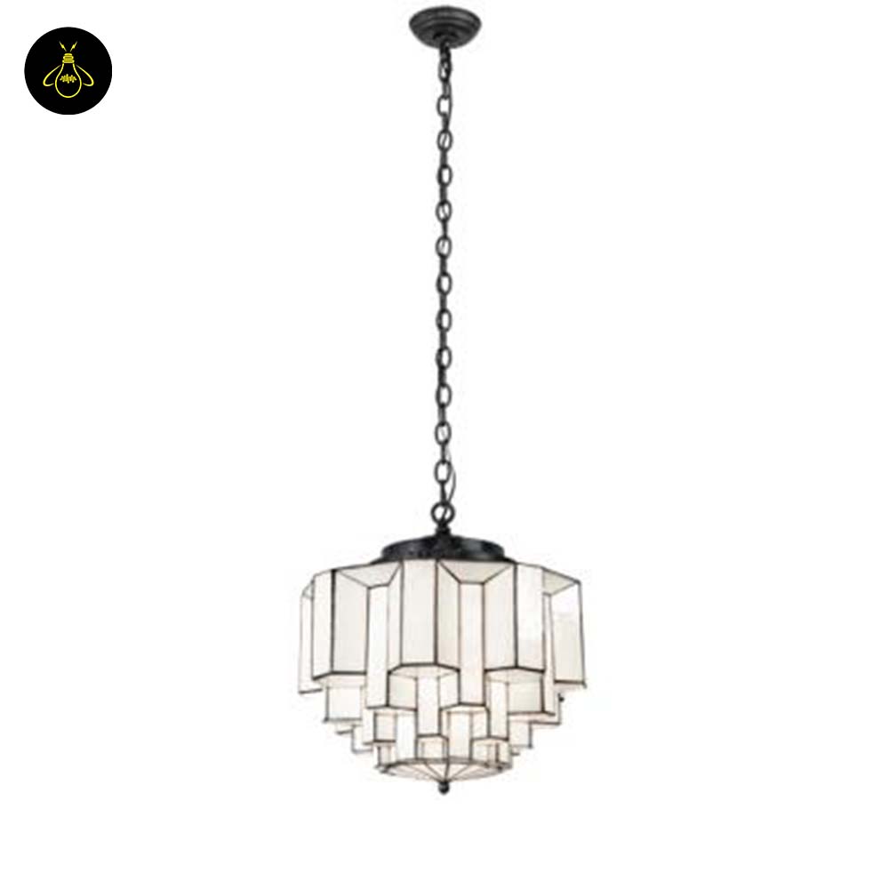 Stained Glass Chandelier – Tiered White Opal & Antique Iron, 91 cm | Jagmag Lights 6 White opal glass chandelier with antique iron leaded lattice