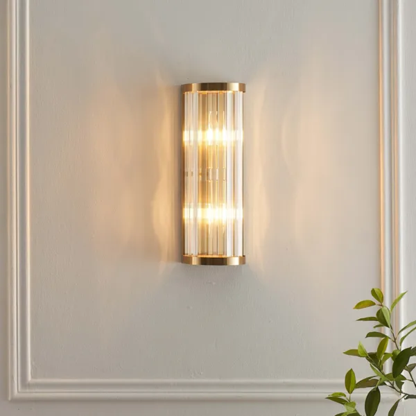 Single ribbed glass wall light glowing on a white panelled wall with a green plant below