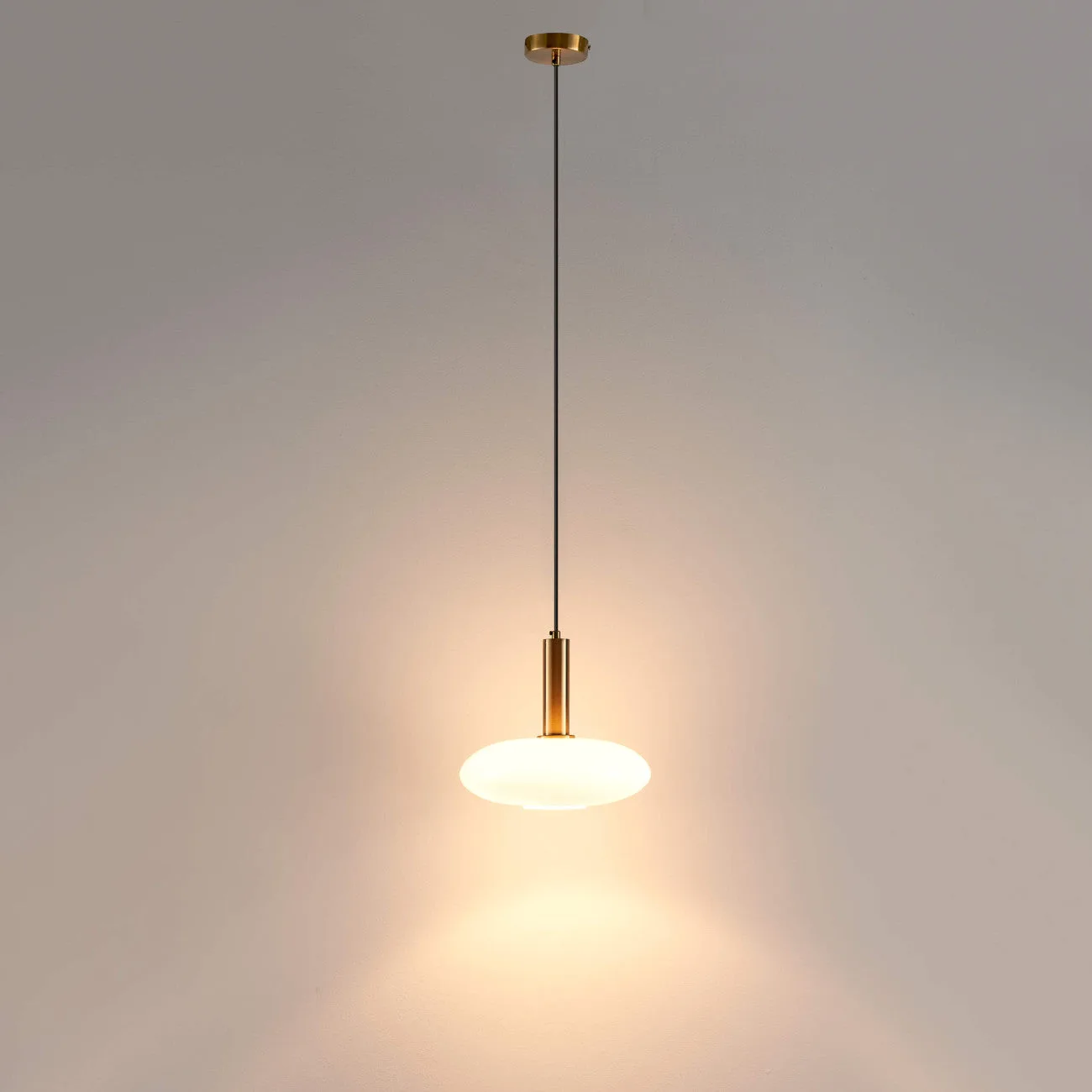 Opaline Glass Pendant Light – Round Brass-Finish Design 3 Designer opaline glass pendant light on a brass-finished stainless steel frame