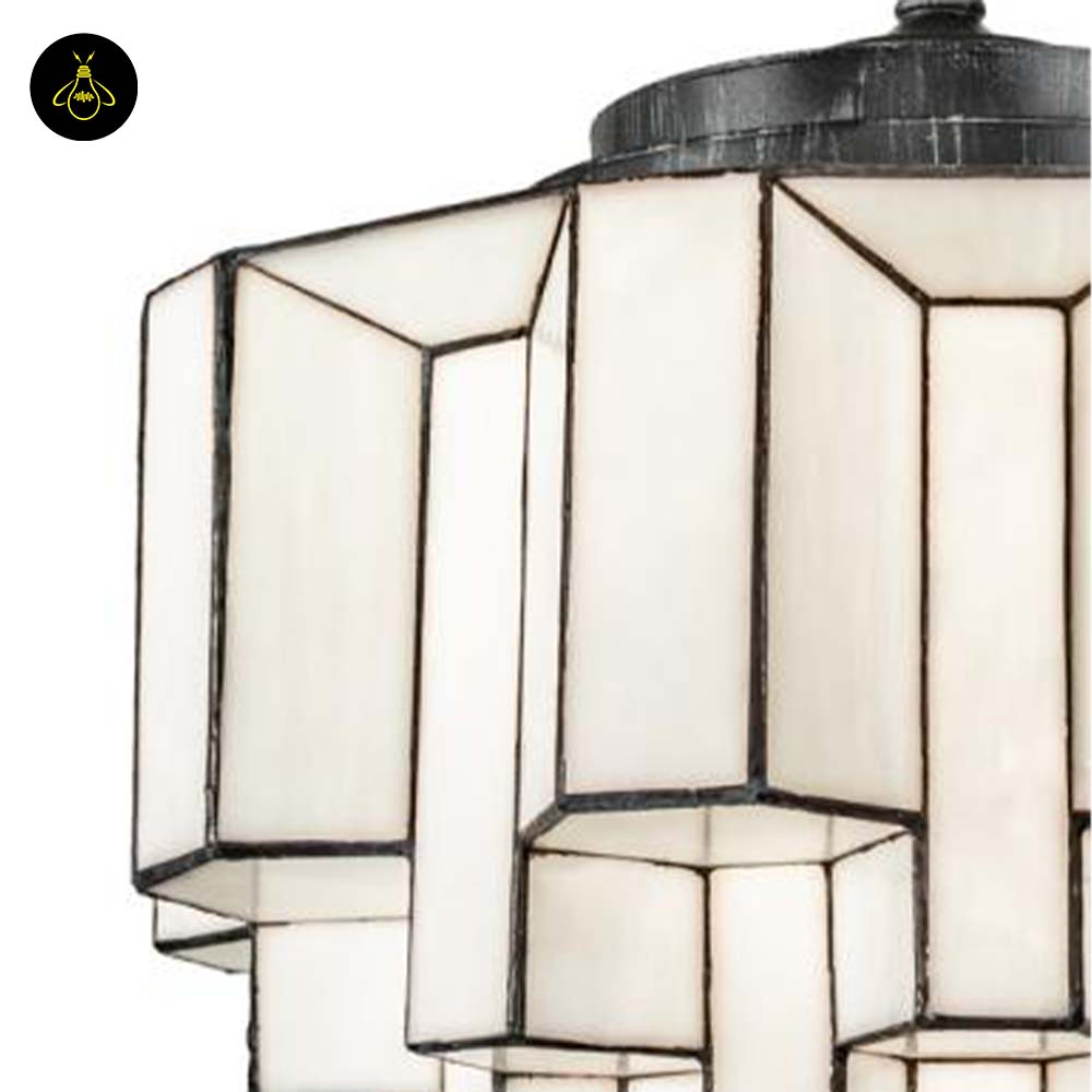 Stained Glass Chandelier – Tiered White Opal & Antique Iron, 91 cm | Jagmag Lights 3 Designer stained glass chandelier with white opal panels