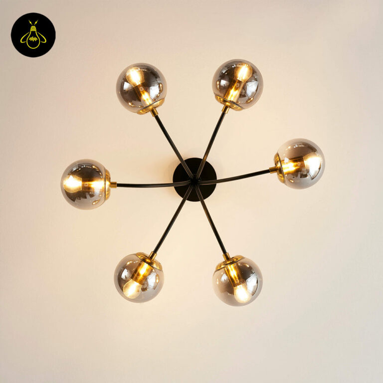 Designer black glass globe chandelier on a white ceiling with six warm E27 lights