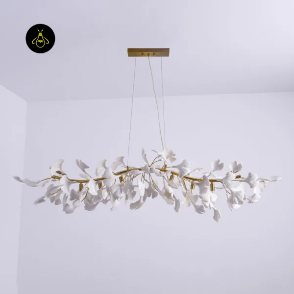 Linear ceramic leaf chandelier mounted on the ceiling for living and dining spaces