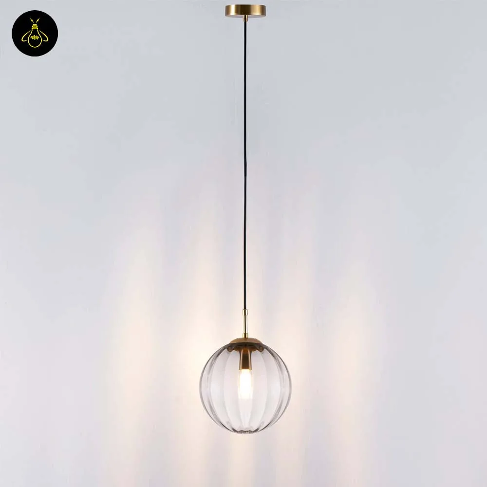 Ribbed Glass Ball Pendant Light – Smoked Finish 3 Close-up of ribbed texture on smoked glass pendant shade – detail view