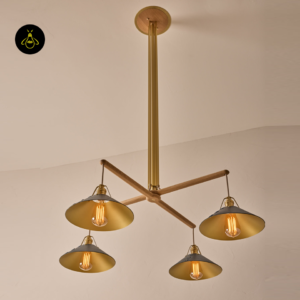 Designer oak and brass chandelier in a living room