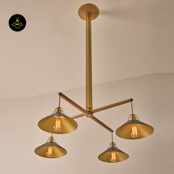 Designer oak and brass chandelier in a living room