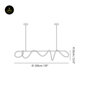 Linear LED chandelier dimensions diagram - 150 cm length and 32 cm height