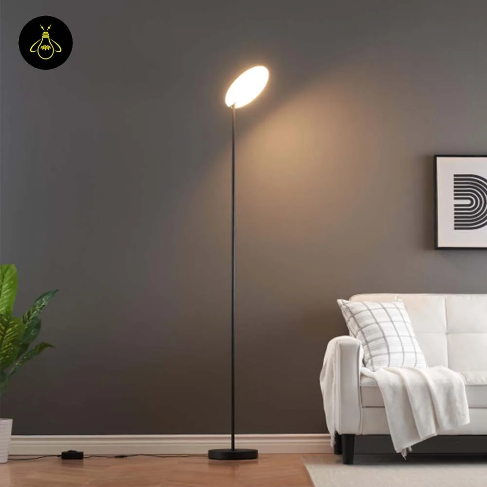 Black LED Floor Lamp – Kalena 182 cm Adjustable Head, 30W Warm White 13 black LED floor lamp with adjustable head in a living room