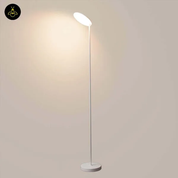 Side view of white LED floor lamp with adjustable head and round base