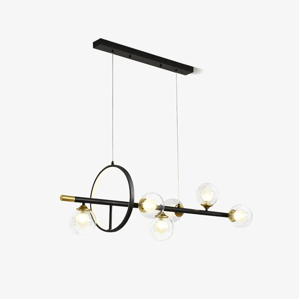 Dining table chandelier with six clear borosilicate glass globes and an LED ring on a matte black bar